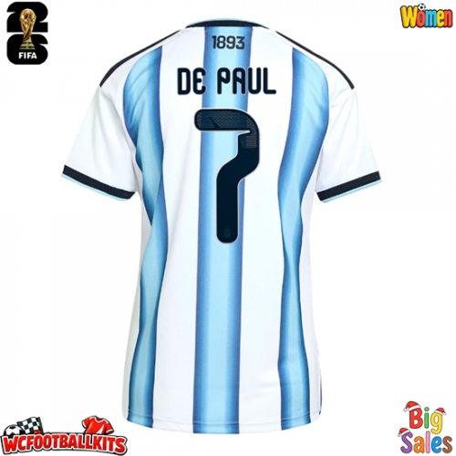 Argentina Rodrigo De Paul #7 Replica Home Stadium Shirt for Women World Cup 2026 Short Sleeve